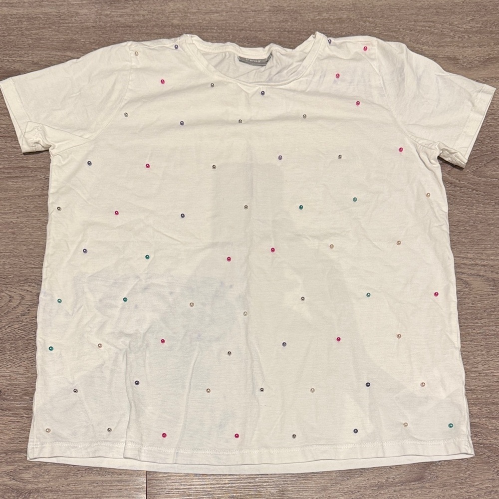 Fransa Women's White T-shirt with Colorful Beads